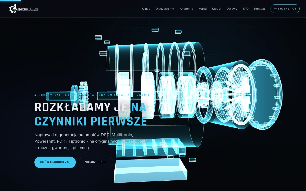 Strona asbmultigear.pl z rozłożoną skrzynią biegów
